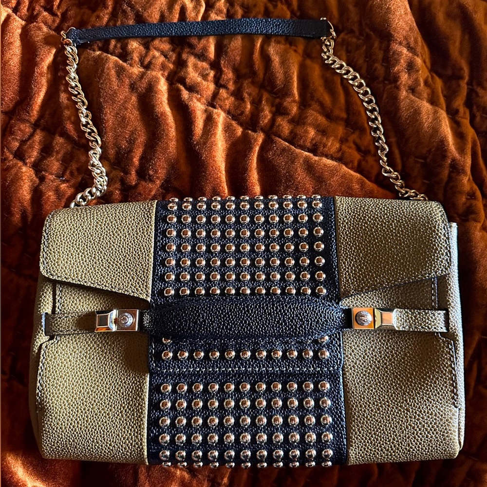 Henri Bendel Carlyle Pebbled Leather Crutch in Army Green/ Black with Gold Studs
